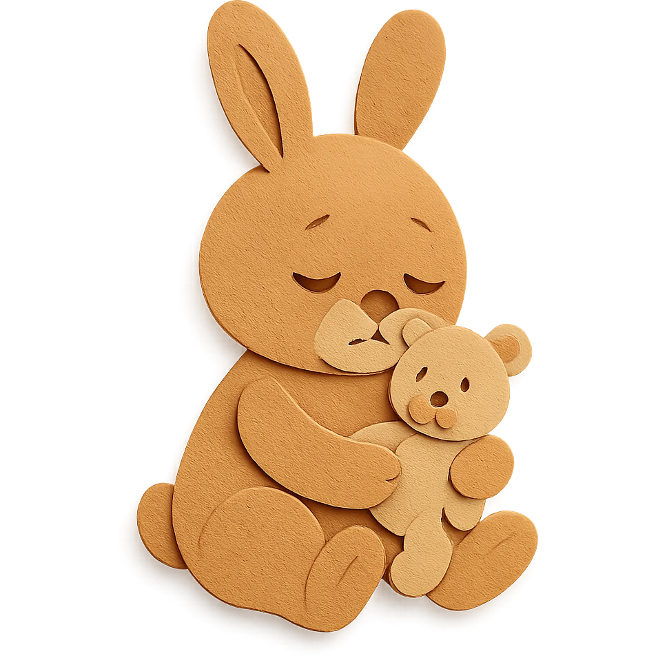 flawless, highly detailed, high quality paper craft style illustration of a caramel-colored bunny holding a teddy bear, eyes drooping, perfect proportions, no imperfections, intricate textures, soft lighting, delicate cut-paper details emoji
