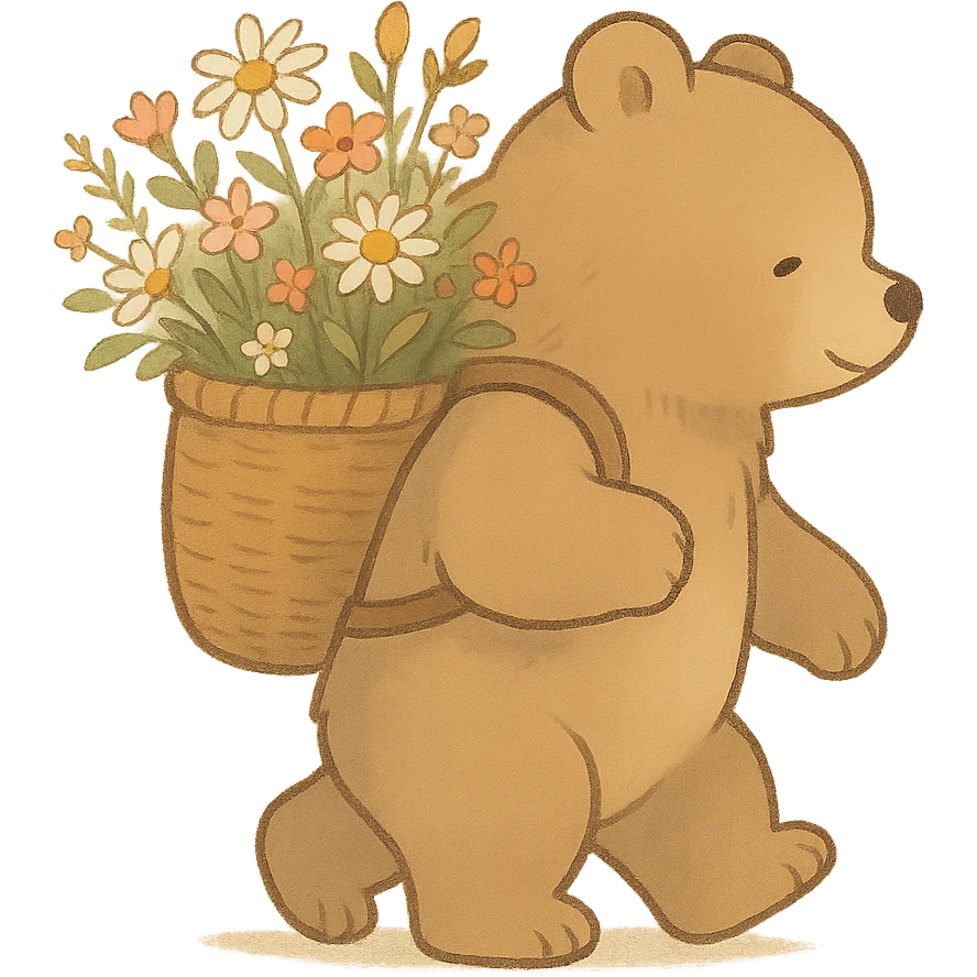 bear carrying a basket of wildflowers, soft pastel brown and cream, ghibli style emoji