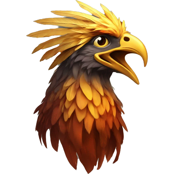 Phoenix head with golden feathers and a short beak emoji