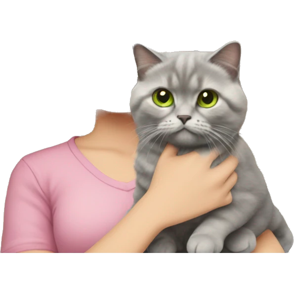 woman with green eyes and glasses and long wavy blonde hair and in a pink shirt is holding a very fluffy and fat grey Scottish fold cat emoji