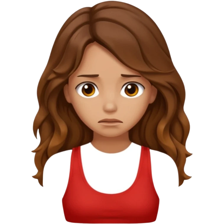 generate a pretty tan bratz girl with brown wavy hair long wearing a red tank top looking sad emoji