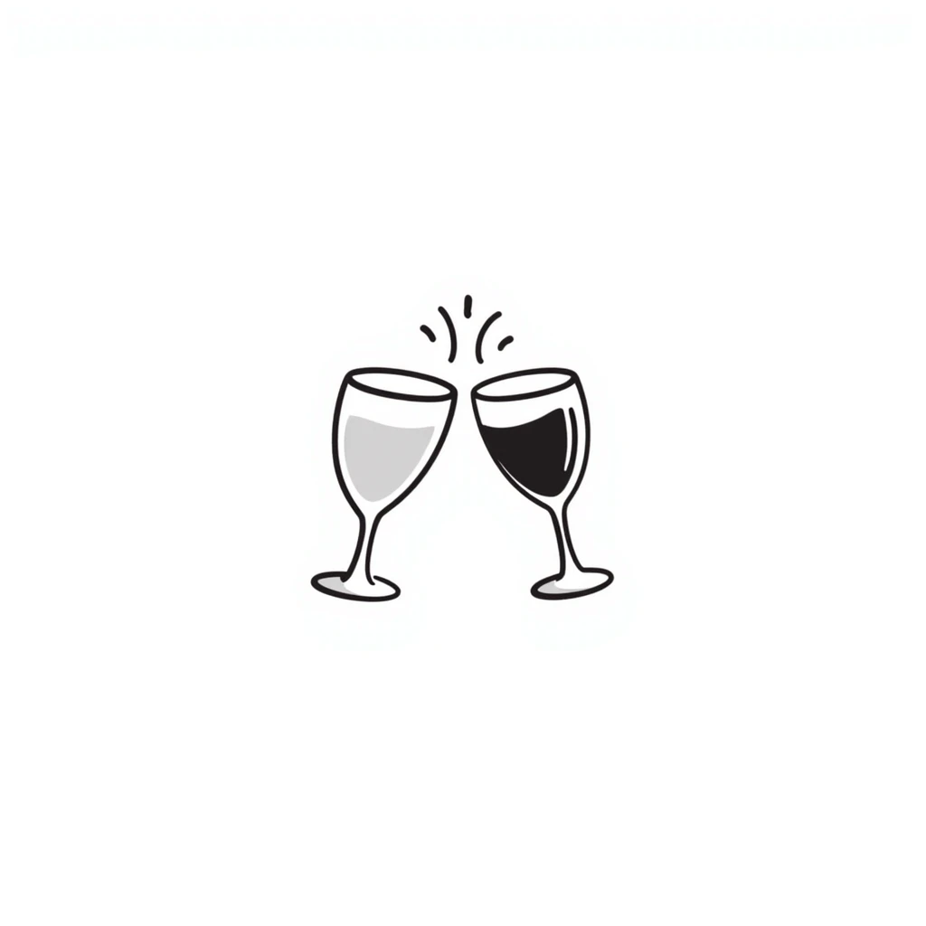 Two elegant wine glasses or champagne flutes clinking together in pastel colors (dd9fb0, ffc6d3, a3bfc9, c4bee2, f1b091), hand-drawn doodle style emoji