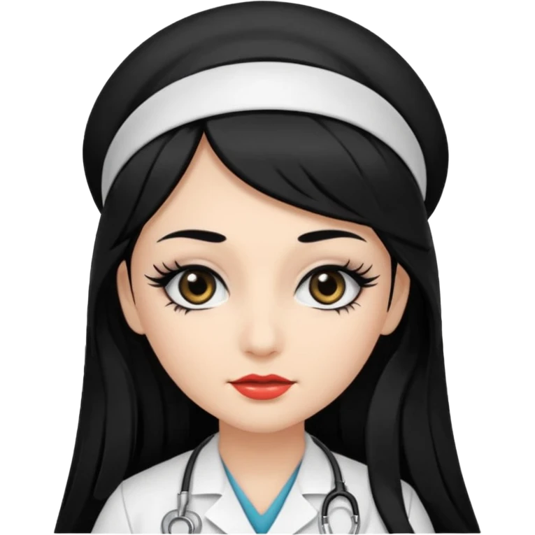 Nurse, long hair,black hair, black eyes, false eyelashes,eyeliner,  emoji
