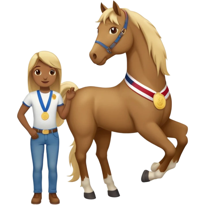 friendly anthropomorphised stallion in jeans and a t-shirt, standard pose, wearing a gold medal emoji