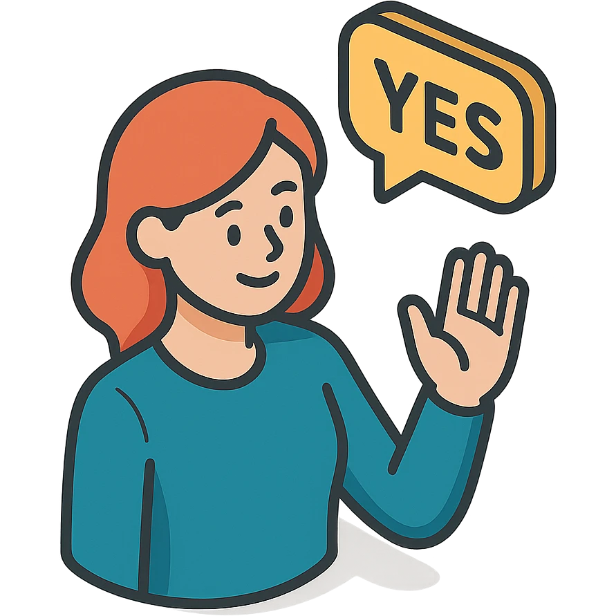 женщина говорит - yes, и делает жест ладонью в знак согласия emoji