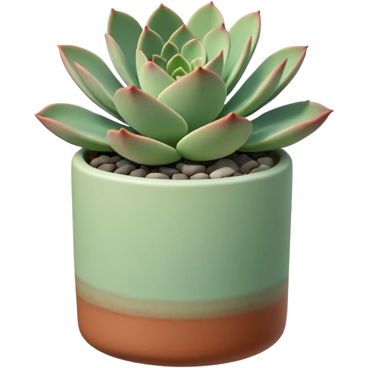 One ceramic pot in pastel green, cylindrical, and shallow, containing an echeveria succulent. emoji