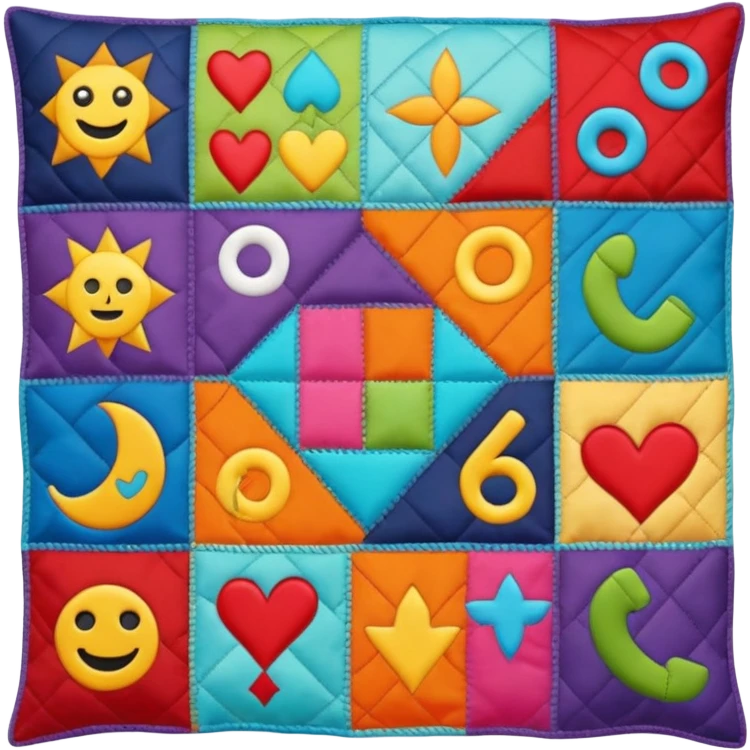 A chaotic patchwork quilt emoji with mismatched symbols and icons, evoking a deliberately absurd and brain-melting feel, grotesque and nonsensical emoji