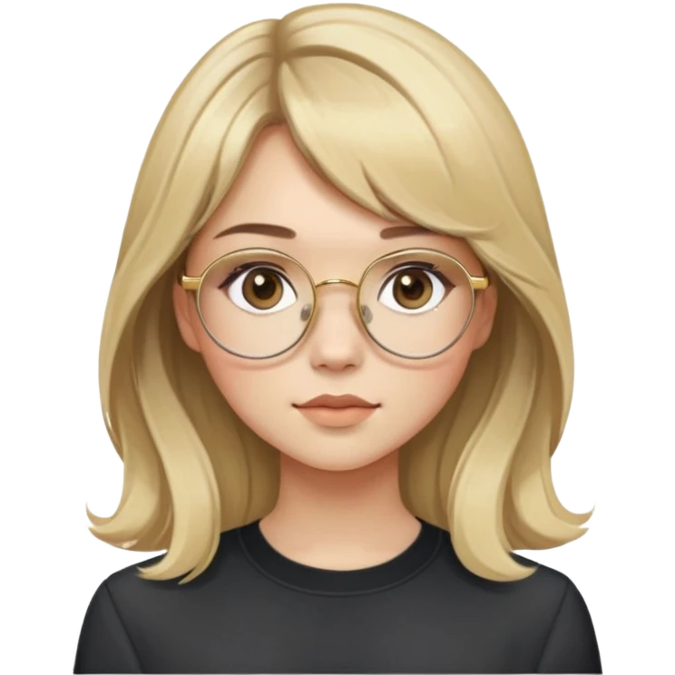 young adult woman with light skin, soft cheeks and round face, voluminous blonde-brown hair with slight waves and long bangs, large octagonal glasses with thin gold frame, dark casual shirt, calm and creative expression emoji