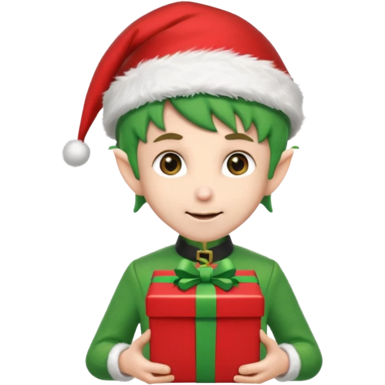 elf wearing a santa hat holidng a xmas present make his unfiorm green adn red emoji