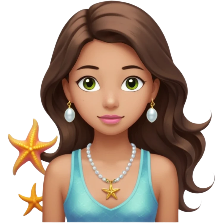 Create a teen girl wearing a light blue tank top. She will have long brunette hair, tan skin, pink lips, and grey-green eyes. She has long eyelashes. She also has light freckles and is wearing a gold charm necklace that has an n on it, a pearl, a sun, a starfish, a mermaid tail, and seashell emoji