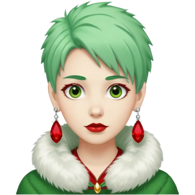 white furred unicorn with green hair and big red earrings looking into camera emoji