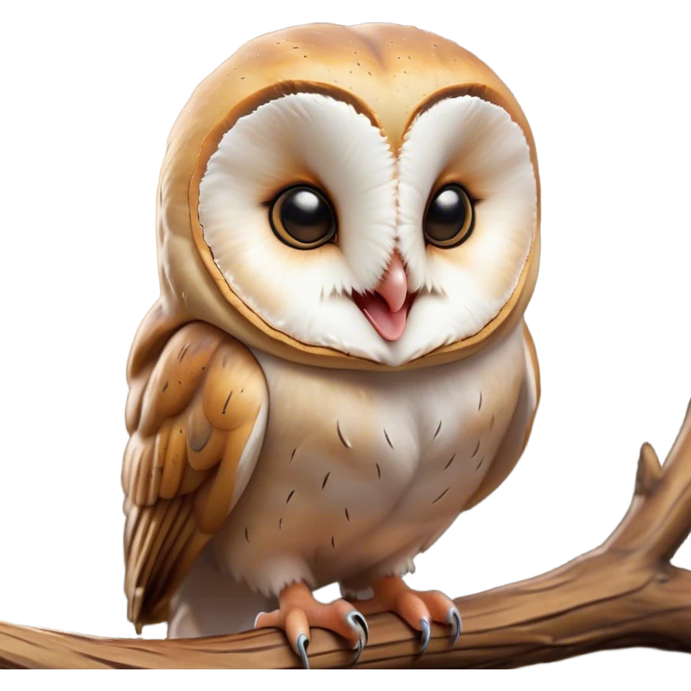 Cinematic Cute Yawning Barn Owl Portrait Emoji, Head tilted slightly with a dramatic, wide-open yawn, showcasing a soft, mottled plumage with subtle brown accents and gently drooping feathers, round amber eyes barely open in drowsy contentment, Simplified yet irresistibly adorable features, highly detailed, glowing with a soft, cozy glow, high shine, relaxed yet expressive, stylized with a touch of nocturnal whimsy, bright and endearing, soft glowing outline, capturing the essence of a sleepy yet affectionate owl, so drowsy it feels like it could glide out of the screen and curl up for a nap! emoji