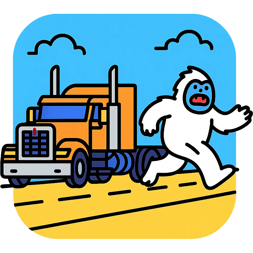 2026 Kenworth W680 flat top semi sleeper with stacks chasing an abominable snowman down the road, color outline style emoji