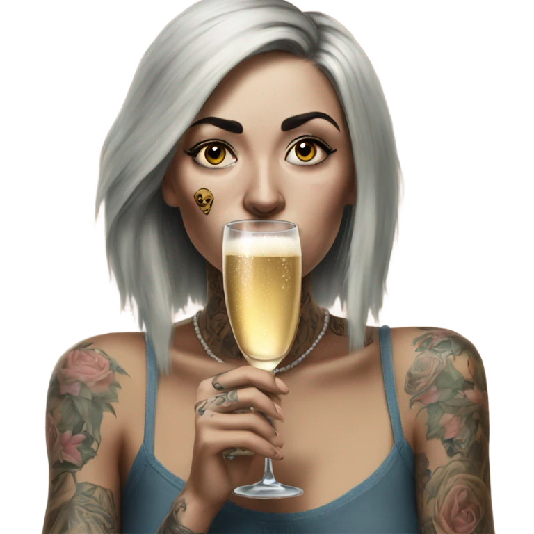 Hyper Realistic Beautiful tattooed woman crying sadly drinking champagne  emoji