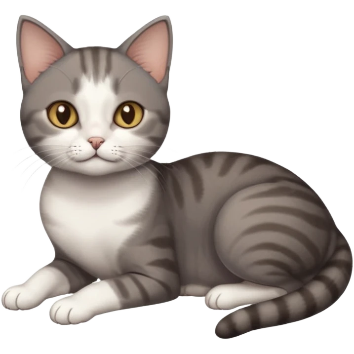 full body tiny short hair dark grey and white cat with white front legs anh azel eyes lying down emoji