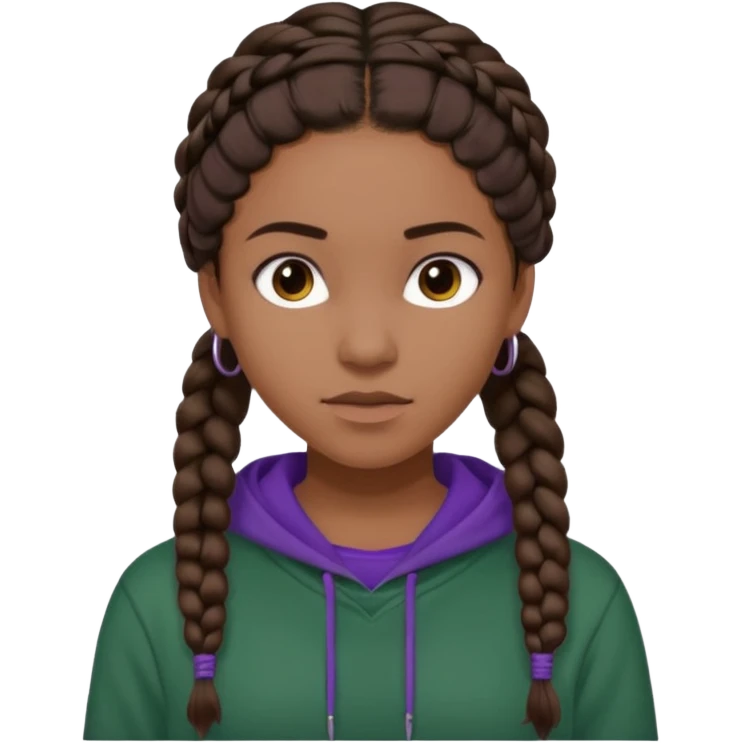 Black Annabeth chase as Leah Jeffries dark brown hair with braids dark green shirt with purple sweat shirt emoji