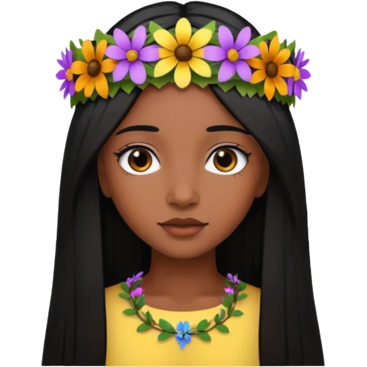 ["Deep brown skin female, long straight black hair, wearing a multicolored wildflower crown."] emoji