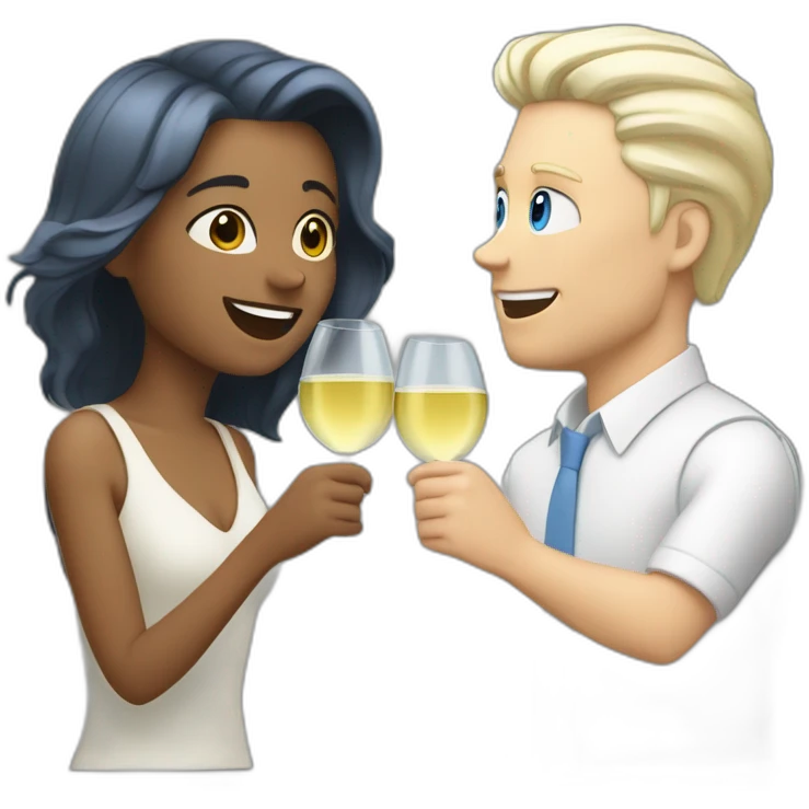 A white woman with brown eyes and blond hair and a white man with blue eyes and grey hair, they toast to each other with a glass of white wine. emoji