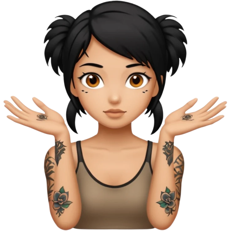 Tan girl with black hair many arm tattoos emoji