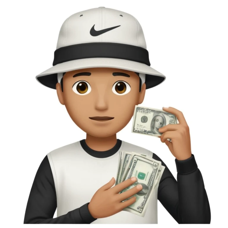 Man with money in his hand covering his face wearing a white and black hat and a Nike tech  emoji