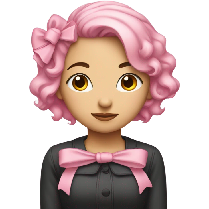 create a girl with pink hair and a bow. The girl should be hugging herself, the girl has her eyes covered and her head lowered sideways on her shoulder emoji