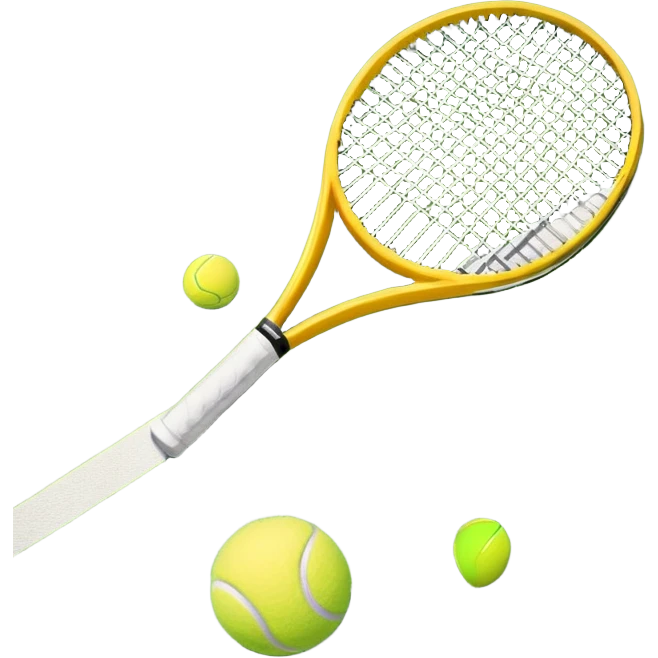 A tennis racket and ball on a grass or hardcourt surface, symbolizing the sport. The racket has a sleek design with tightly strung strings, while the bright tennis ball rests nearby, capturing the essence of precision, agility, and competition. emoji