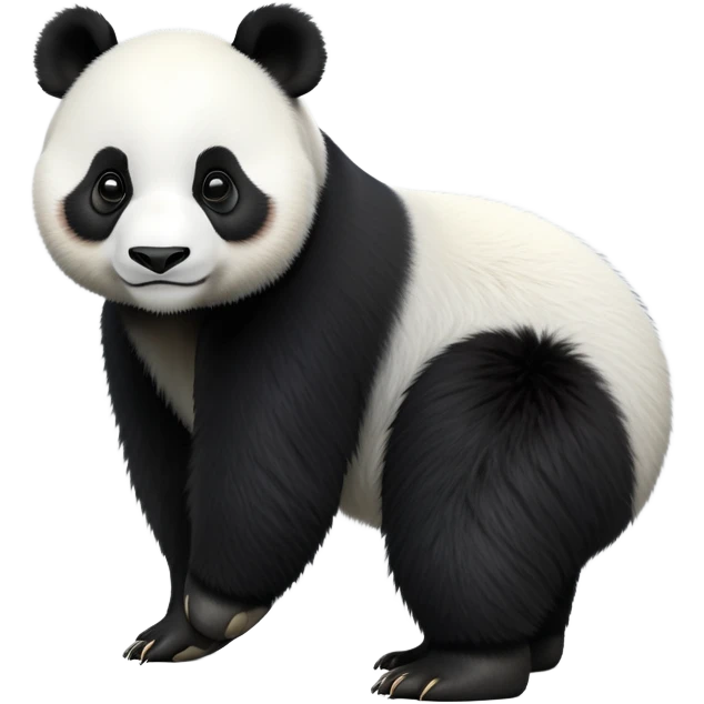 cinematic-[panda bear]-realistic-full-body-standing on all fours-emoji,-tail-tucked-close,-head-tilted-dramatically,-thick-[black and white]-fur,-simplified-yet-realistic-focused-features,-highly-detailed,-glowing-with-an-almost-sarcastic-glow emoji