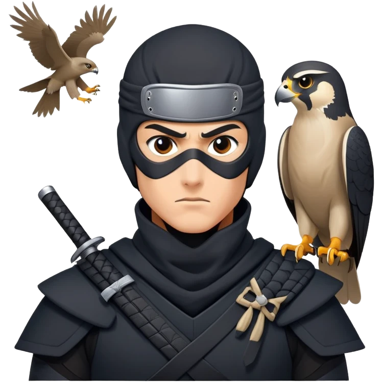 clash-of-clans-aesthetic_-cinematic-mysterious-male-ninja-portrait-emoji, rendered in a flat, vector-style with minimal shading and bold, simplified shapes, with a head slightly turned revealing intense, focused eyes. the ninja has his arm out and perched on top of it is  a peregrin falcon  emoji
