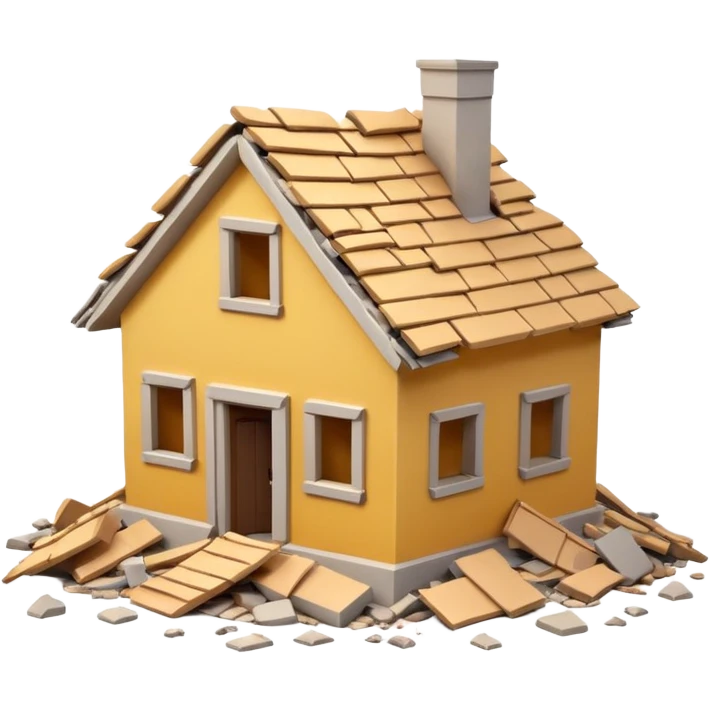 3D iPhone style emoji of a completely destroyed house, heavily damaged, collapsed into rubble, broken walls and roof scattered into debris, isolated on white background, soft shadows, high detail, playful and cute. emoji