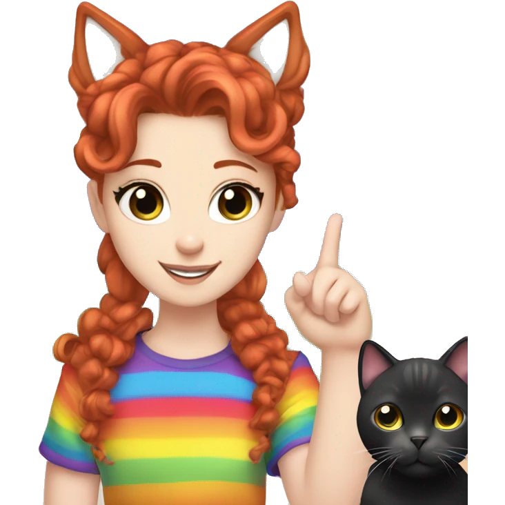 a white girl with long red curly hair in a pony tail with rainbow shirt does peace sign wearing cat ears one black other white emoji