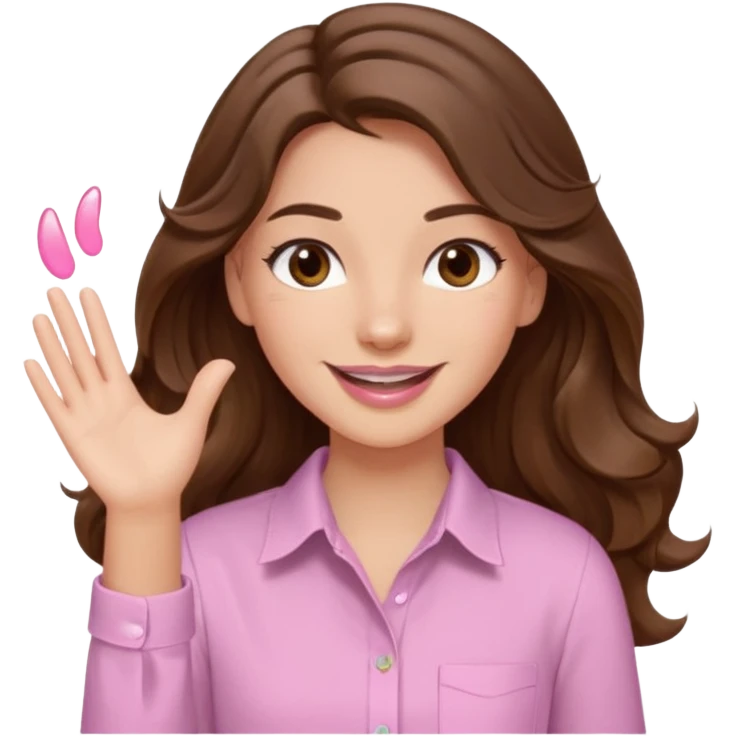 girl with wavy long brown hair, brown eyes, light to medium complexion, long lashes, light pink lipstick, smiling, wearing light pink shirt, slapping emoji