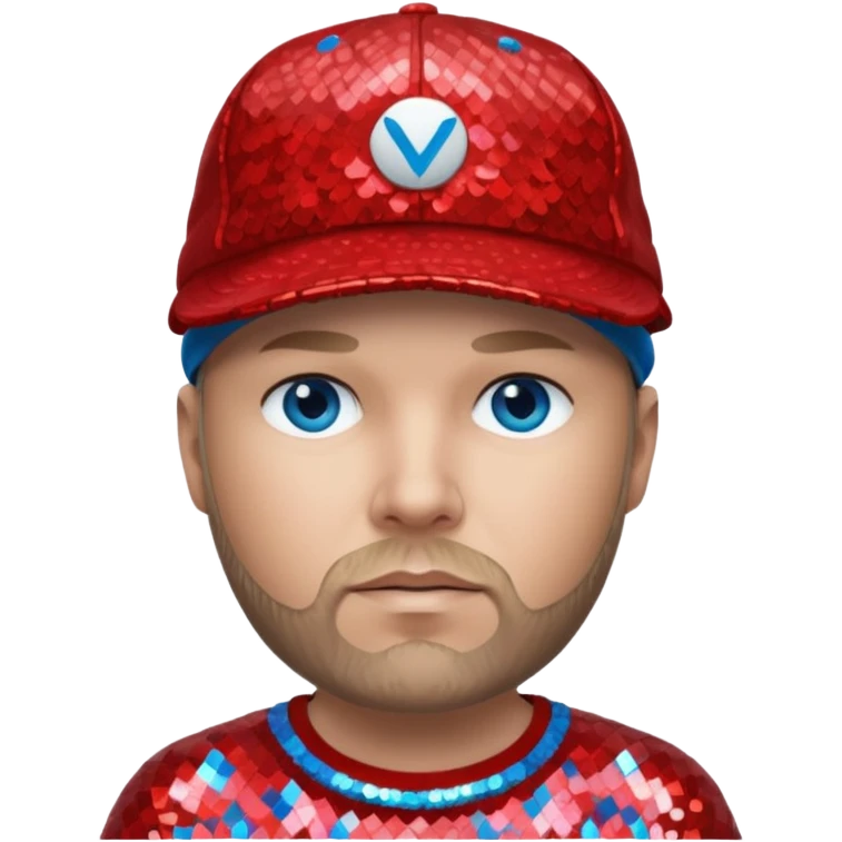 Fred Durst with blue eyes, dark blonde hair, red sequin shirt and cap emoji
