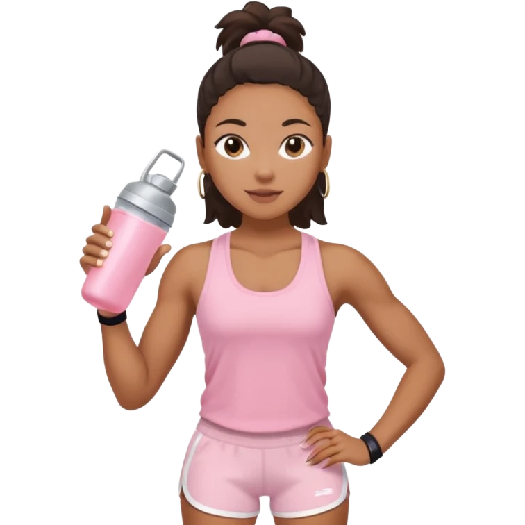 Mixed-race athletic woman with bronzed skin, wearing baby pink tank top and white shorts, holding a protein shaker emoji