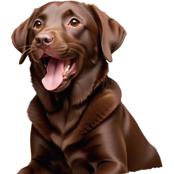 Cinematic Cute Yawning Chocolate Labrador Portrait Emoji, Head tilted slightly with a dramatic, wide-open yawn, showcasing a smooth chocolate Fur with a velvety texture, floppy ears slightly drooping, round brown eyes barely open in drowsy contentment, Simplified yet irresistibly adorable features, highly detailed, glowing with a soft, cozy glow, high shine, relaxed yet expressive, stylized with a touch of whimsy, bright and endearing, soft glowing outline, capturing the essence of a sleepy yet affectionate companion, so drowsy it feels like it could stretch out of the screen and curl up for a nap! emoji