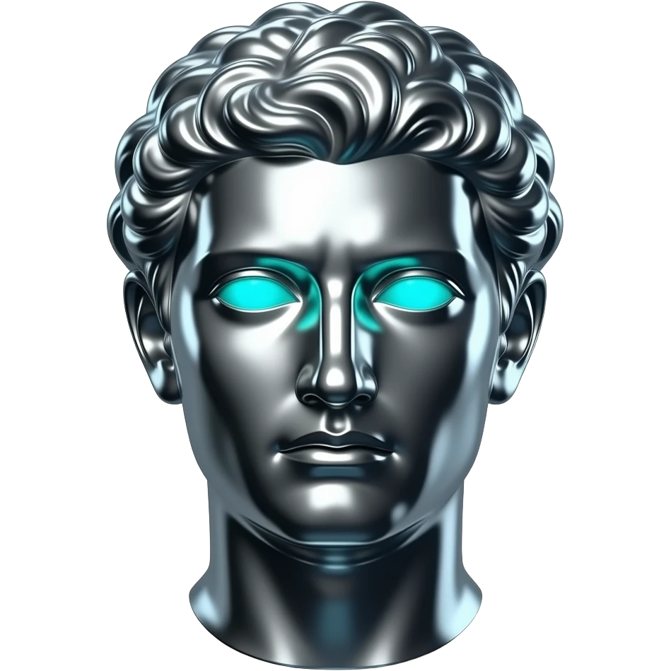 "A glasy/chrome stoic Greek statue head, front-facing, serious focused expression, glowing cyan (#00D4B1) eyes, dark background. Chrome reflections with subtle cyan light accents. Clean, no background, emoji style, high detail. The statue represents discipline, focus and self-mastery." emoji