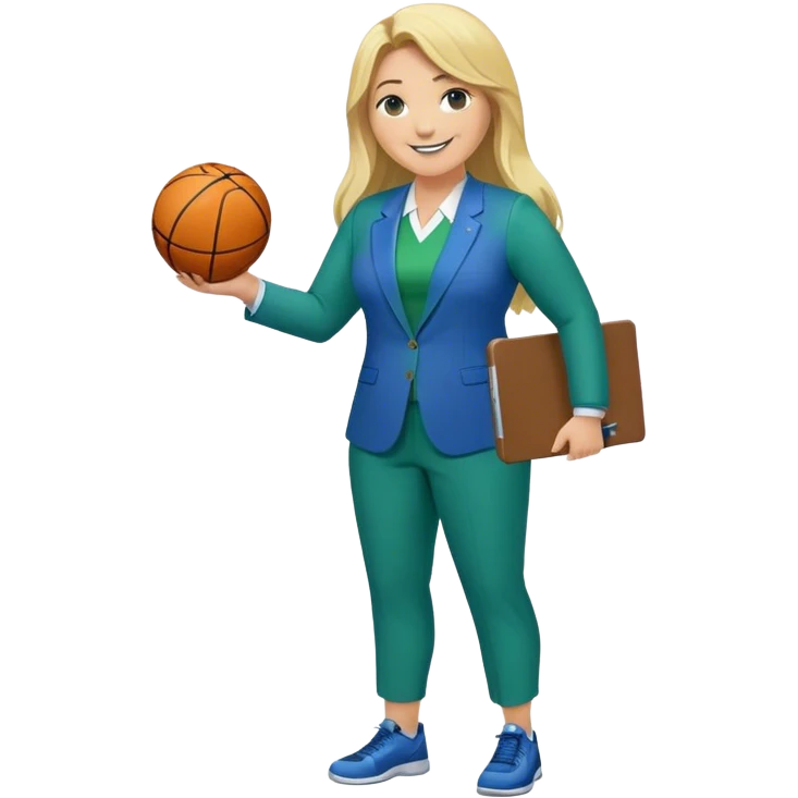 Full Body white plus size female basketball head coach using a clipboard with long blonde hair in a blue and green suit smiling with basketball and clipboard emoji