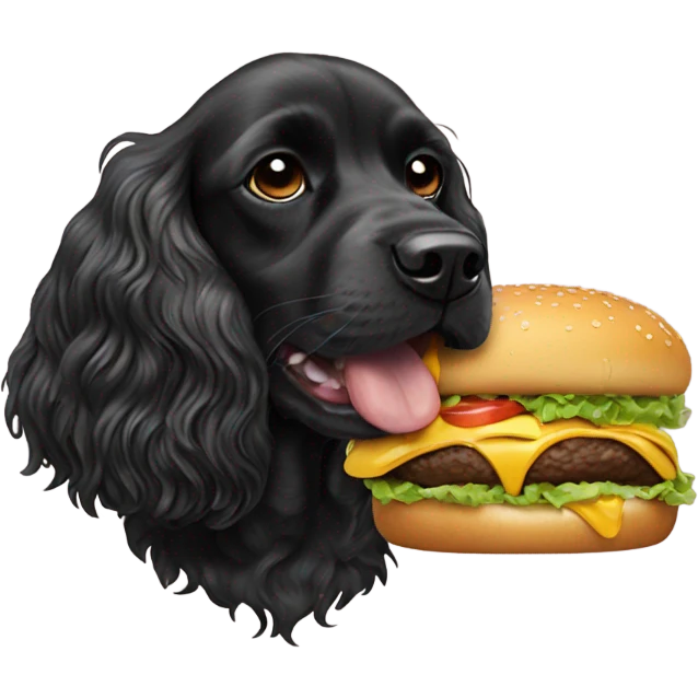Black cocker spaniel eating a cheeseburger emoji
