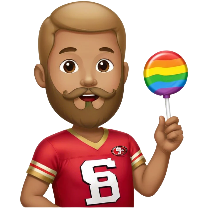Gay pride 49ers fan licking rainbow lollipop and holding rainbow flag emoji