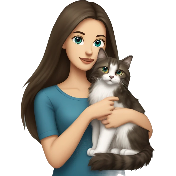 long straight haired blue eyed brunette woman holding norwegian forest cat with amber eyes emoji