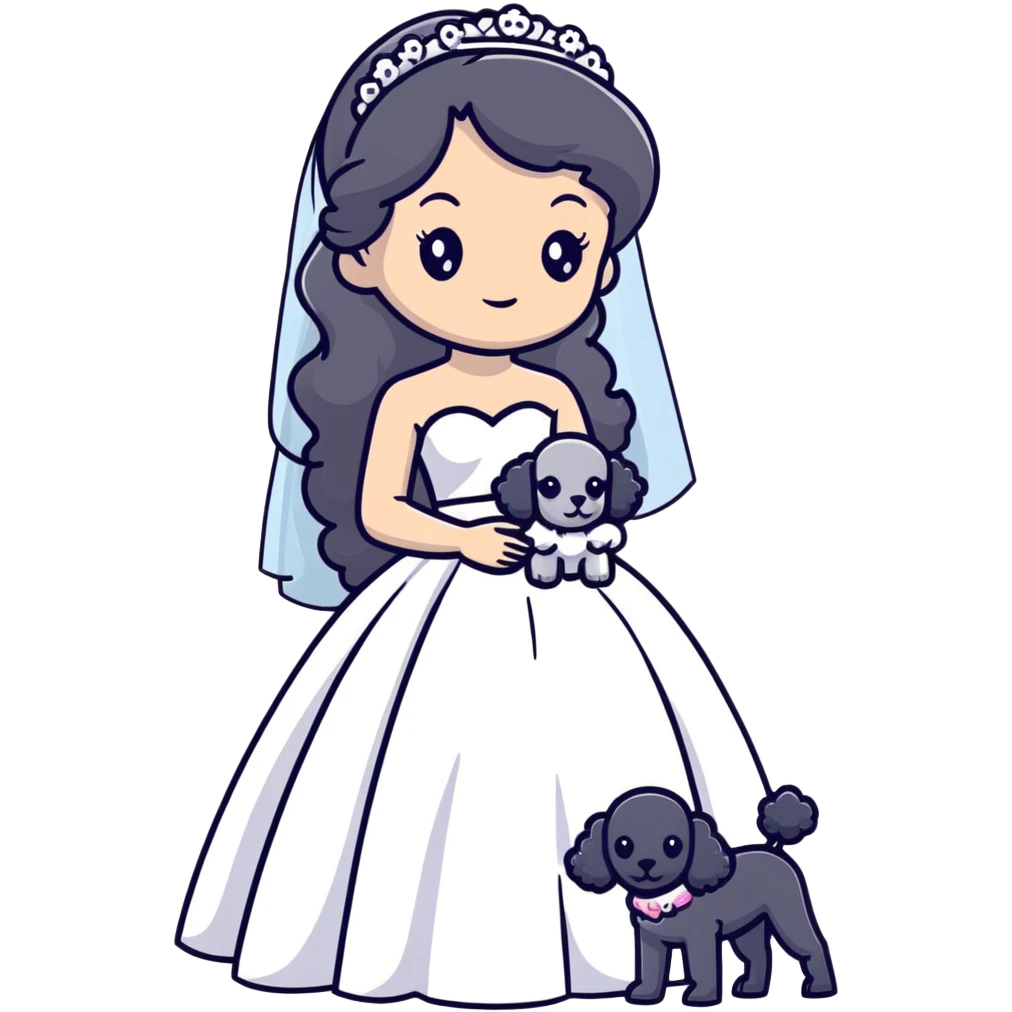 A beautiful girl with long black hair in a wedding dress holds a small gray poodle emoji