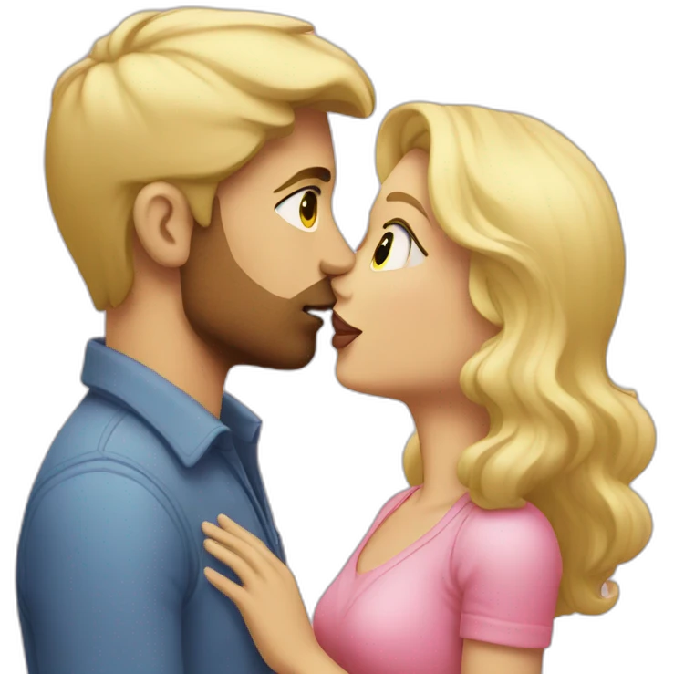 Blond woman in pink kissing brunette man with light face emoji
