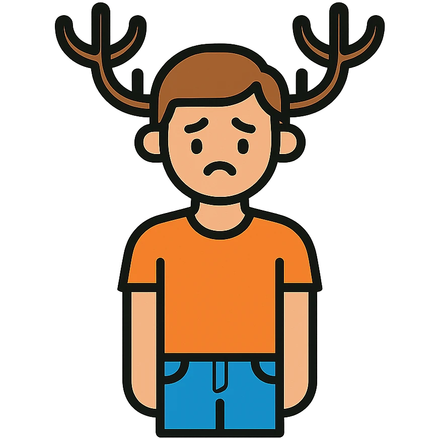 A casual guy with deer antlers, wearing a t-shirt and jeans, with a sad or thoughtful facial expression, neutral background, no snow emoji