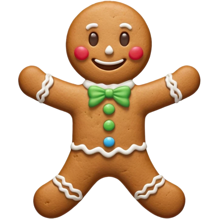 {
    "type": "object",
    "look": "gingerbread man, icing smile, cookie texture, front view",
    "description": "a cheerful gingerbread cookie shaped like a man, smiling with white icing details"
  } emoji