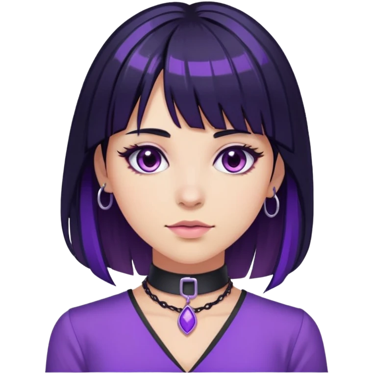 long black hair with purple highlights with bangs and choker with purple blouse emoji