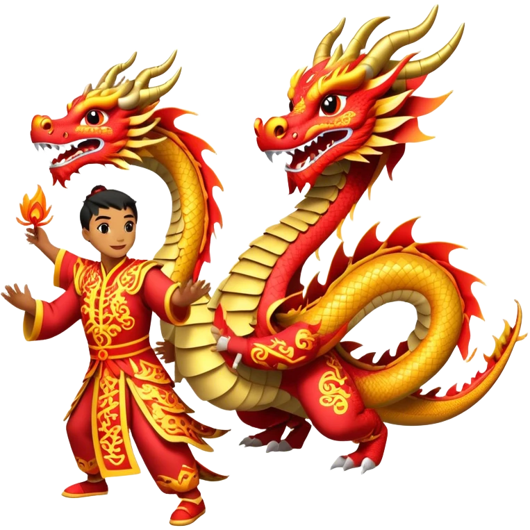 Cinematic Realistic scene of two performers guiding an elaborately designed dragon costume during a Dragon Dance, with vivid traditional patterns and dynamic motion, set under festive, red-tinged lighting emoji
