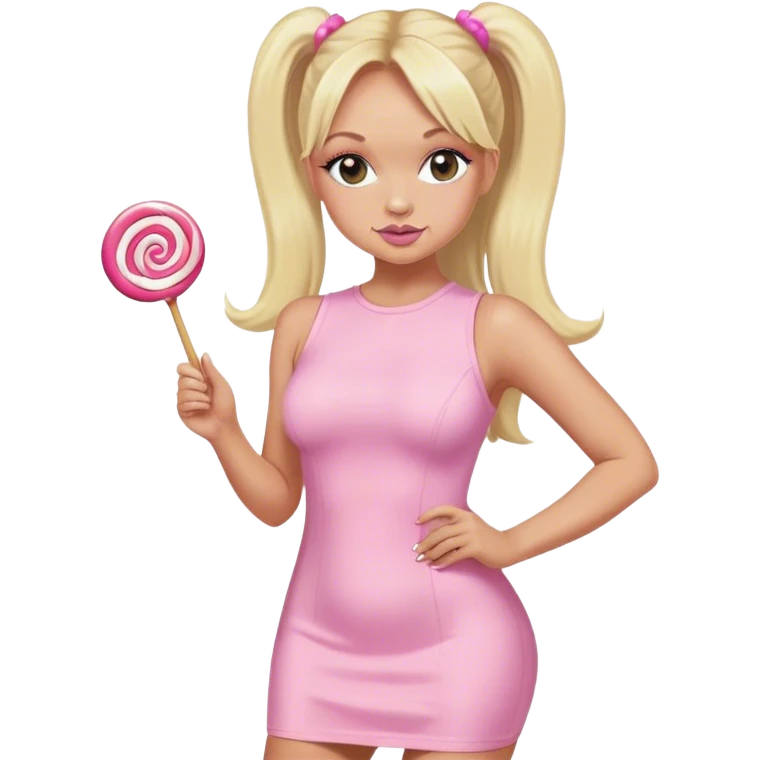 Emma Bunton with long blonde ponytails wearing light pink bodycon dress holding a lollipop emoji