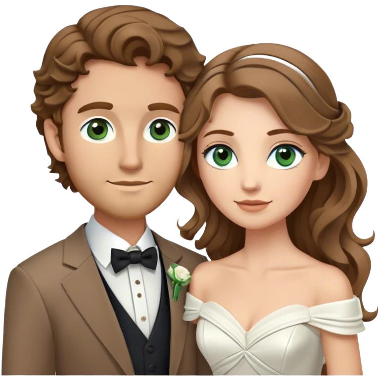 A bride and groom. Bride has brown hair with soft curls, has green eyes, wears an off shoulder dress. Groom has blond hair, has blue eyes, wears a brown suit with a brown vest and a bolo tie. emoji