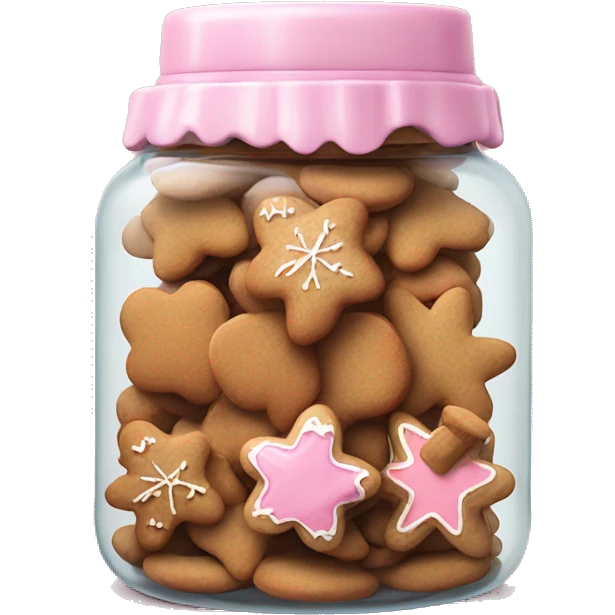 Realistic glass cookie jar with light pink lid full of gingerbread cookies isolated.  emoji