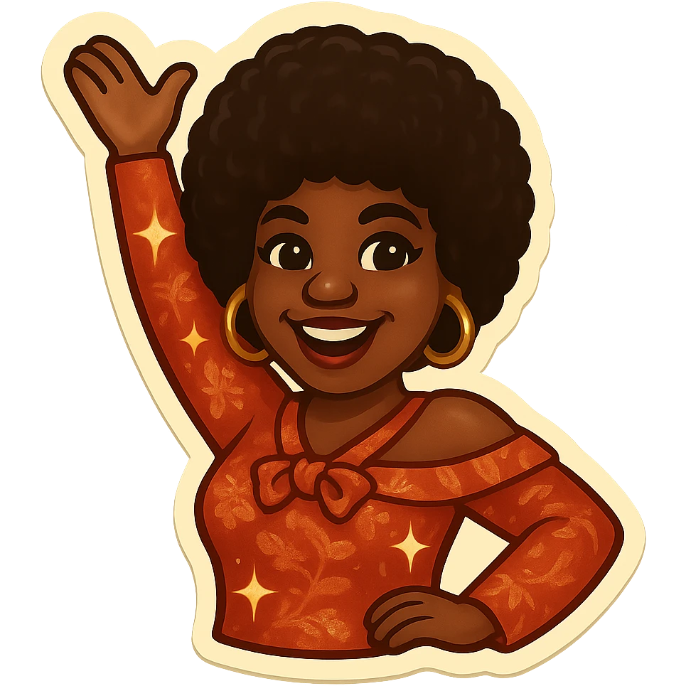 Create an emoji of a female African American in 1970s disco style with a pose with one arm raised, joyful expression, afro hairstyle, and a sparkling disco outfit inspired by the reference. emoji