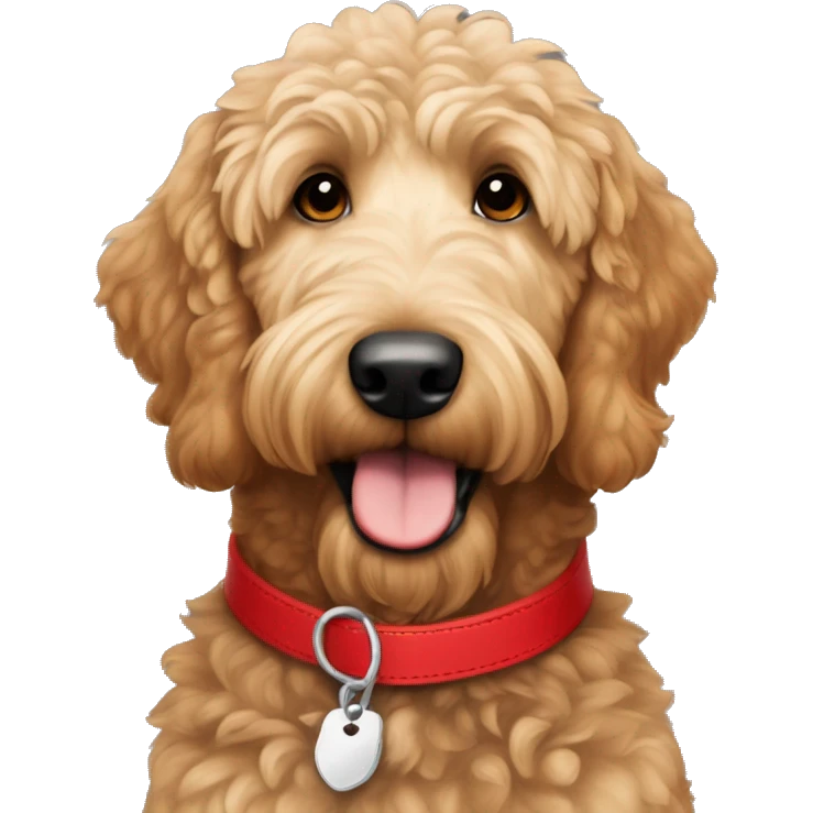 light brown golden doodle wearing a red collar with silver tag emoji